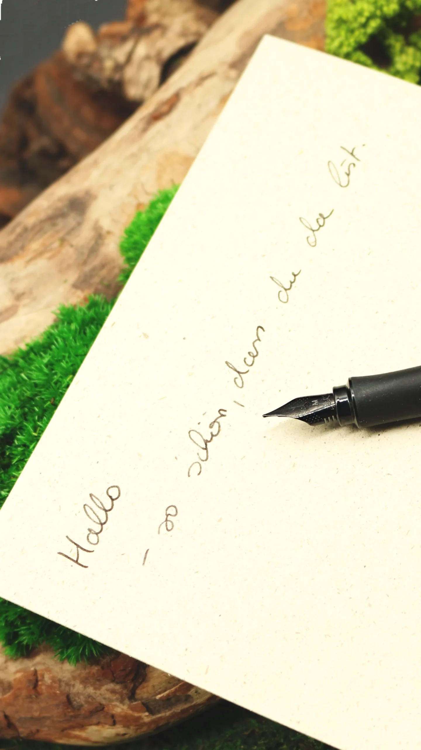 Handgeschriebenes Blatt Papier mit den Worten „Hallo – so schön, dass du da bist“ vor einem Hintergrund aus Moos und Holz, daneben die Feder eines Füllers.
